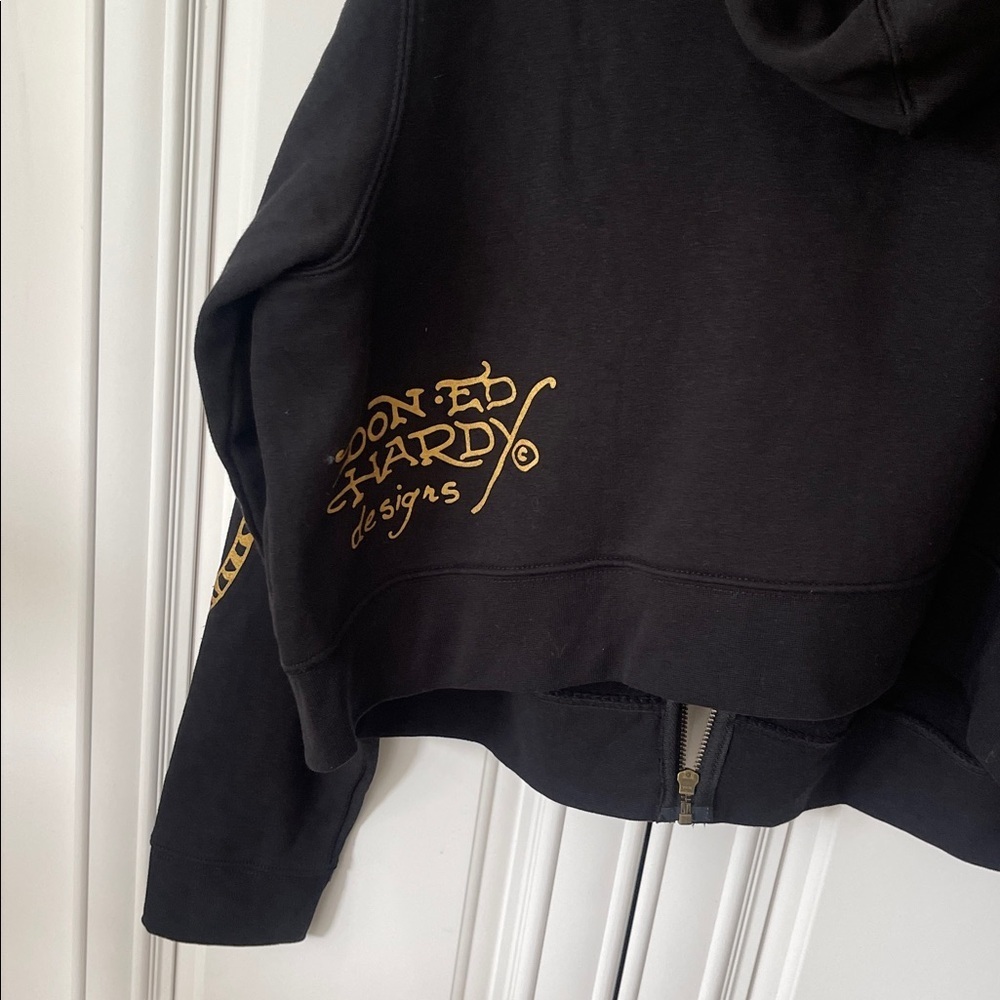 Ed Hardy tiger Women's zip Up cropped Hoodie sweatshirt black size 2X - Picture 7 of 15